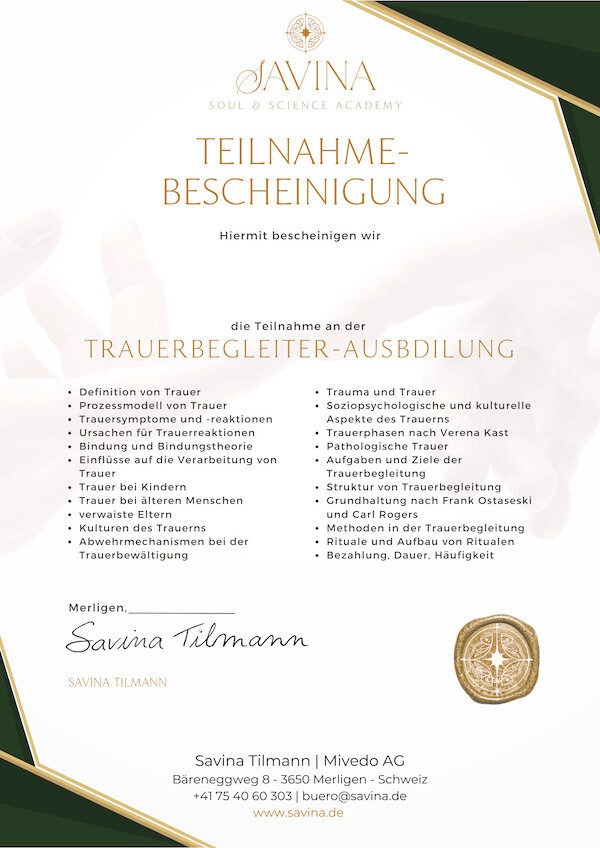 Trauerbegleiter 1 Savina Traumasensible Ausbildung Soul and Science Academy trauerbegleiter Teilnahme vorschau