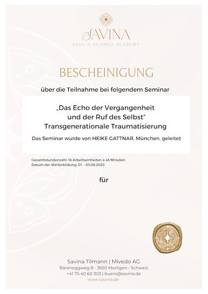 Savina Traumasensible Ausbildung Soul and Science Academy TN Bescheinigung Echo Kopie
